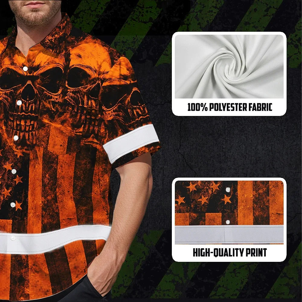 Hi Vis Hawaiian Shirt Reflective Orange Skull US Flag Custom Name Safety