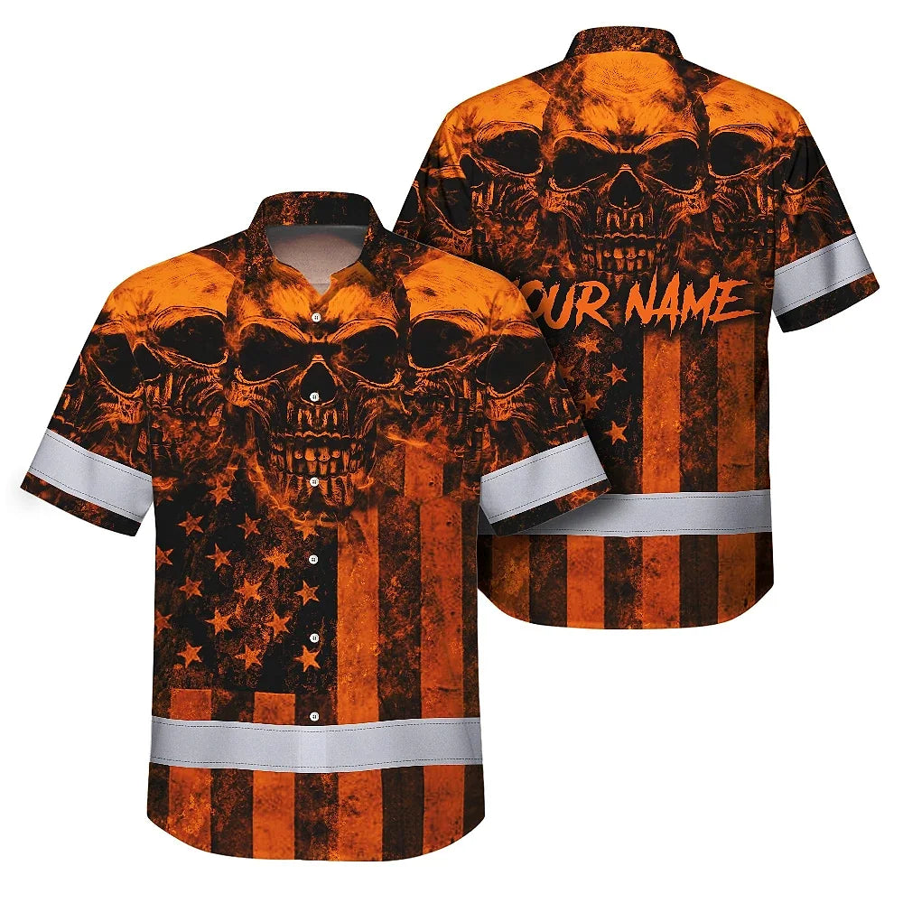 Hi Vis Hawaiian Shirt Reflective Orange Skull US Flag Custom Name Safety