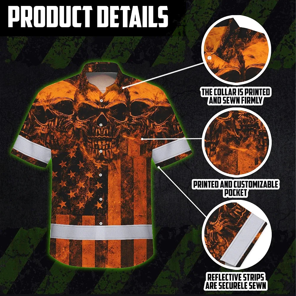 Hi Vis Hawaiian Shirt Reflective Orange Skull US Flag Custom Name Safety