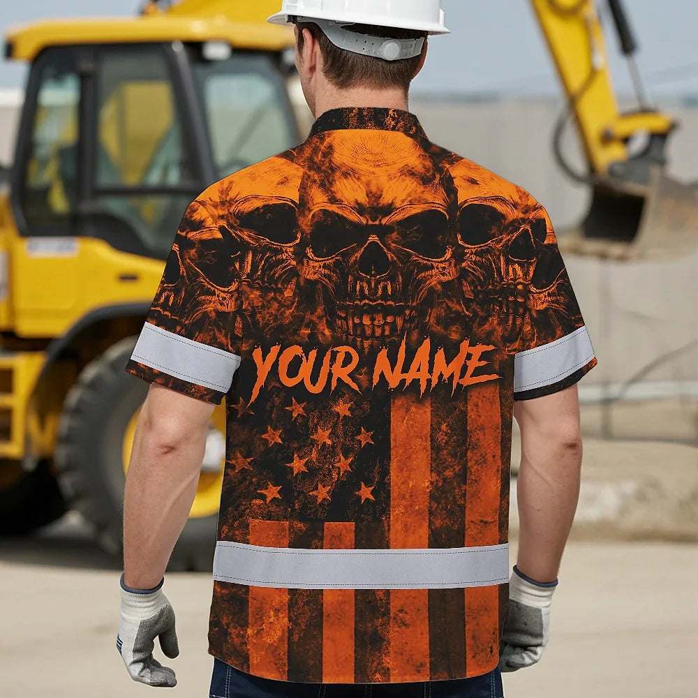 Hi Vis Hawaiian Shirt Reflective Orange Skull US Flag Custom Name Safety