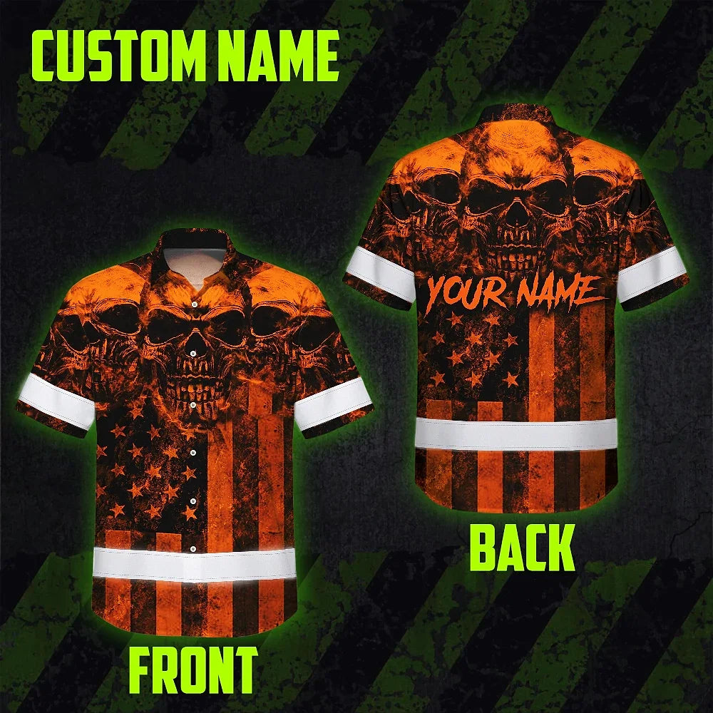 Hi Vis Hawaiian Shirt Reflective Orange Skull US Flag Custom Name Safety