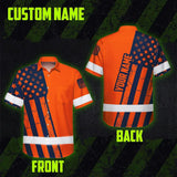 Hi Vis Hawaiian Shirt Reflective Orange US Flag Custom Name Safety Workwear For Workers, Truckers