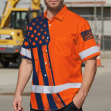 Hi Vis Hawaiian Shirt Reflective Orange US Flag Custom Name Safety Workwear For Workers, Truckers