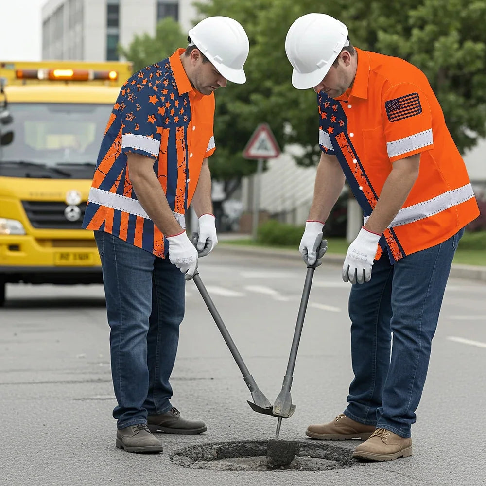 Hi Vis Hawaiian Shirt Reflective Orange US Flag Custom Name Safety Workwear For Workers, Truckers