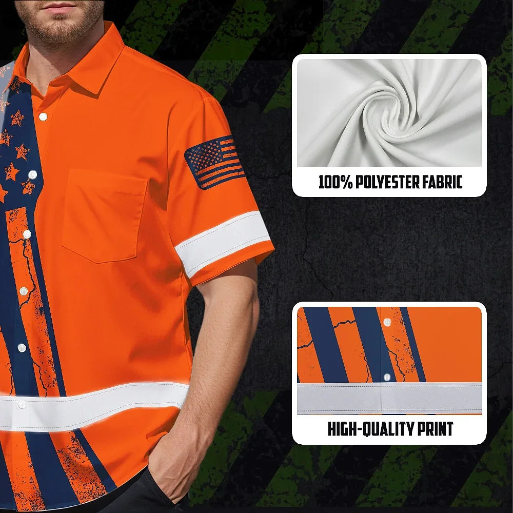 Hi Vis Hawaiian Shirt Reflective Orange US Flag Custom Name Safety Workwear For Workers, Truckers
