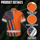 Hi Vis Hawaiian Shirt Reflective Orange US Flag Custom Name Safety Workwear For Workers, Truckers