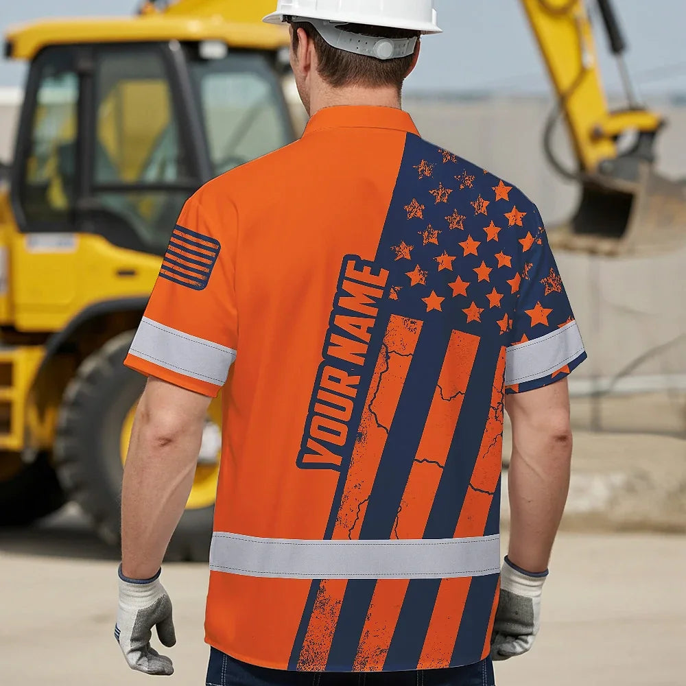 Hi Vis Hawaiian Shirt Reflective Orange US Flag Custom Name Safety Workwear For Workers, Truckers