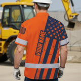 Hi Vis Hawaiian Shirt Reflective Orange US Flag Custom Name Safety Workwear For Workers, Truckers