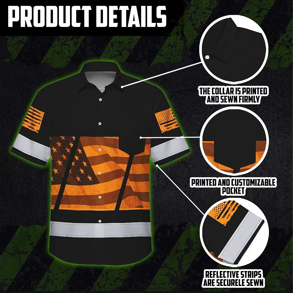 Hi Vis Hawaiian Shirt Reflective Orange USA Flag Custom Name Safety Workwear