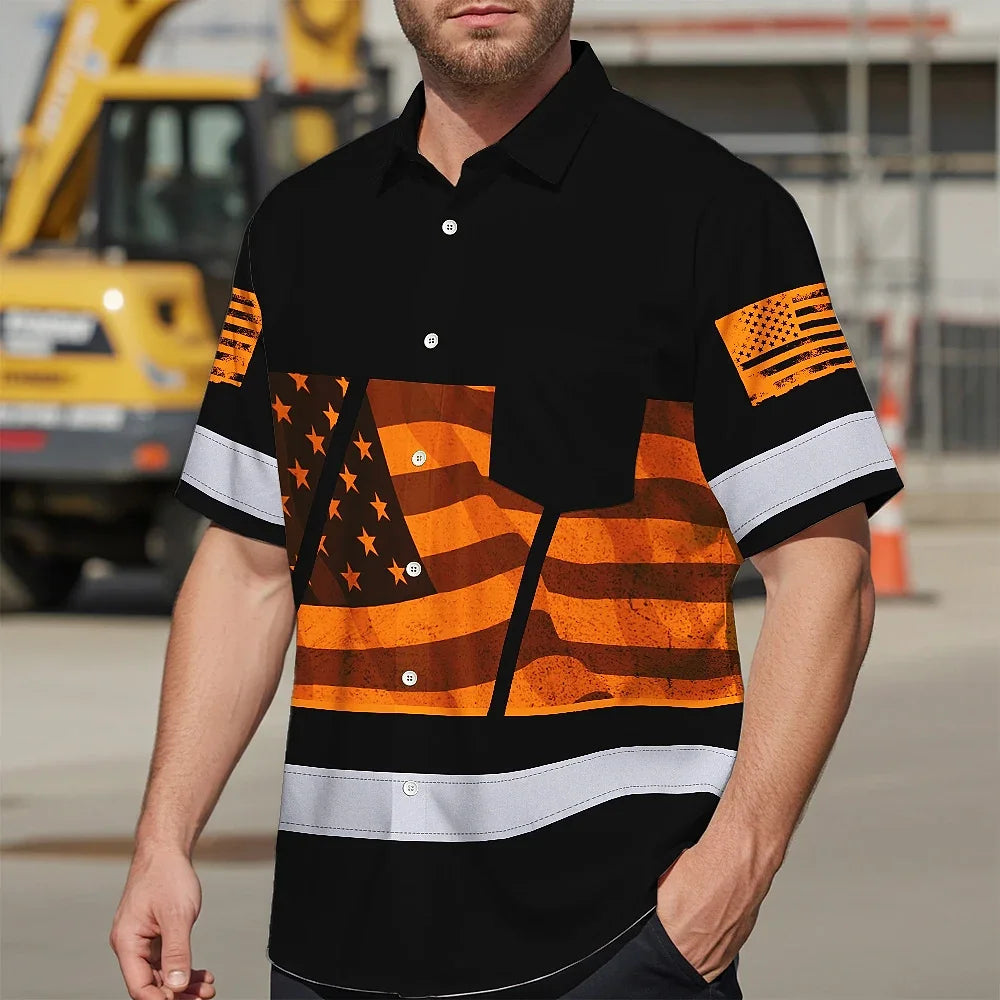 Hi Vis Hawaiian Shirt Reflective Orange USA Flag Custom Name Safety Workwear