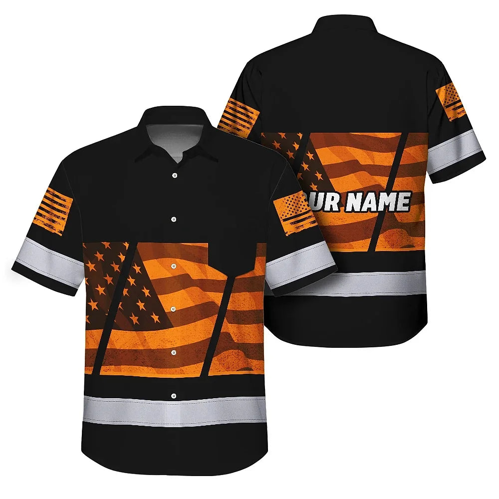 Hi Vis Hawaiian Shirt Reflective Orange USA Flag Custom Name Safety Workwear