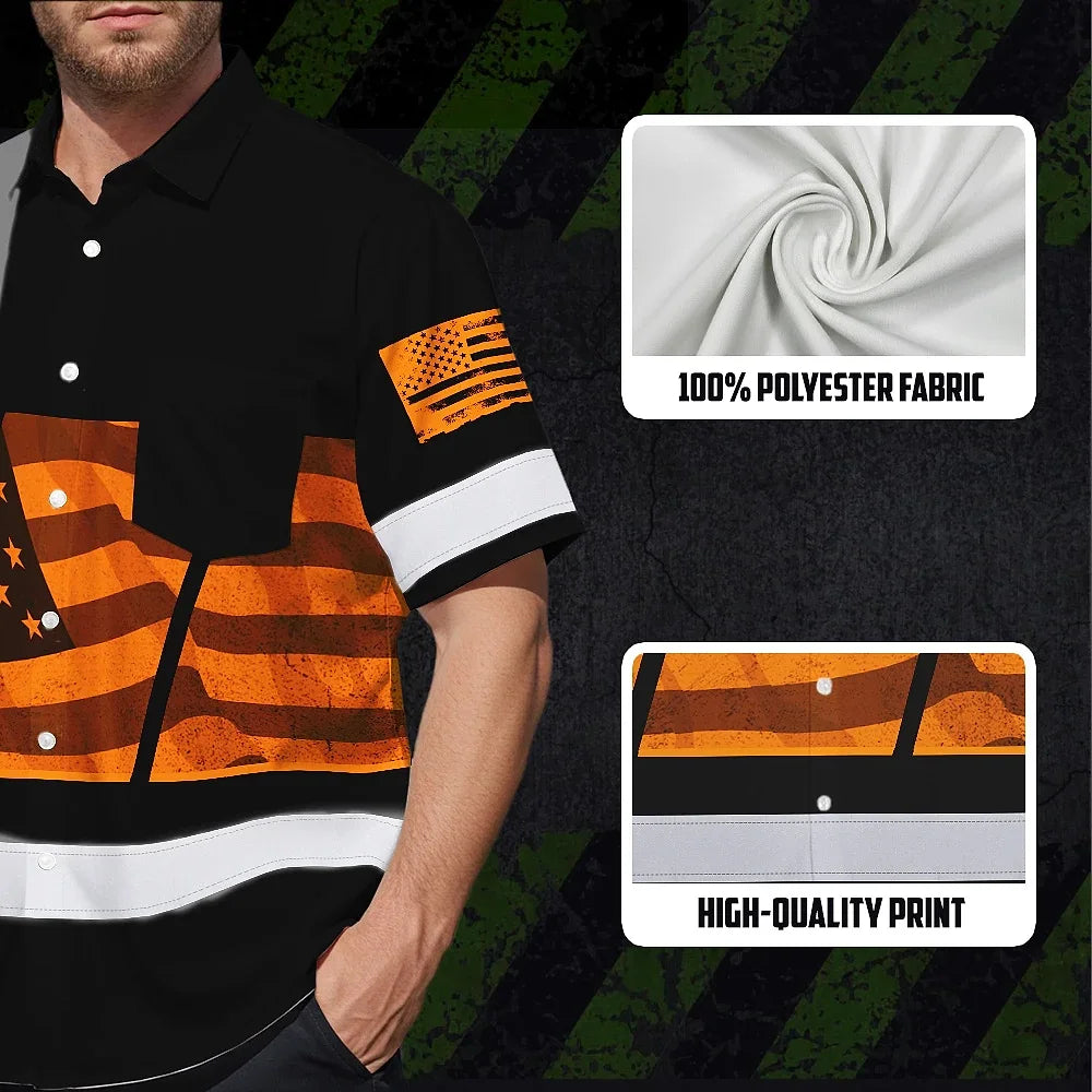 Hi Vis Hawaiian Shirt Reflective Orange USA Flag Custom Name Safety Workwear