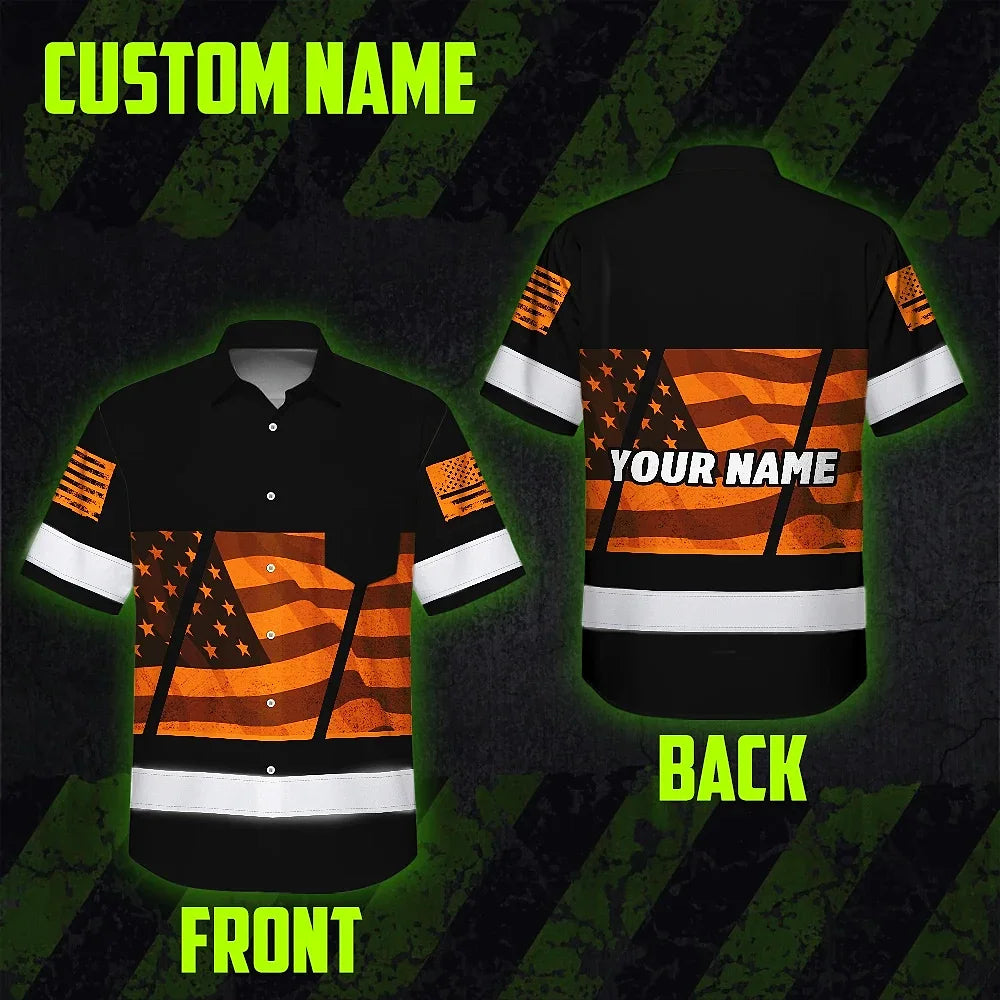 Hi Vis Hawaiian Shirt Reflective Orange USA Flag Custom Name Safety Workwear