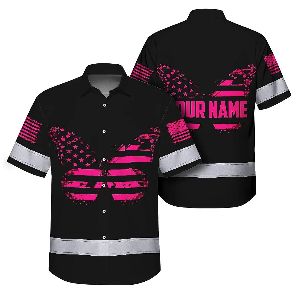 Hi Vis Hawaiian Shirt Reflective Pink Buttlerfly Neon Safety For Woman