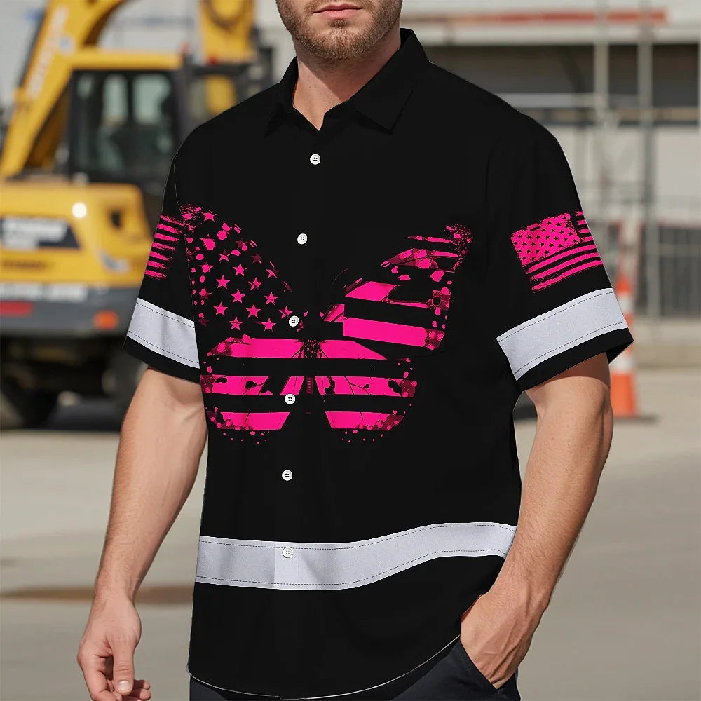 Hi Vis Hawaiian Shirt Reflective Pink Buttlerfly Neon Safety For Woman