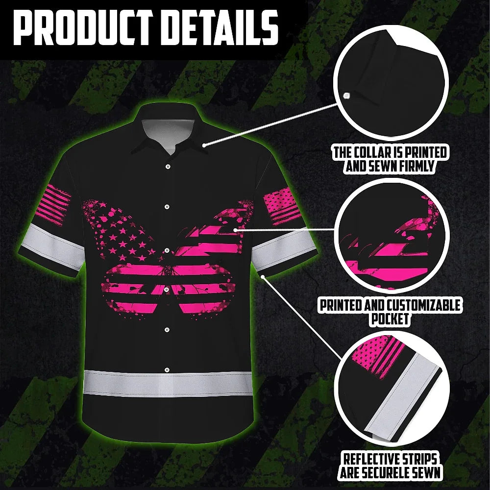 Hi Vis Hawaiian Shirt Reflective Pink Buttlerfly Neon Safety For Woman