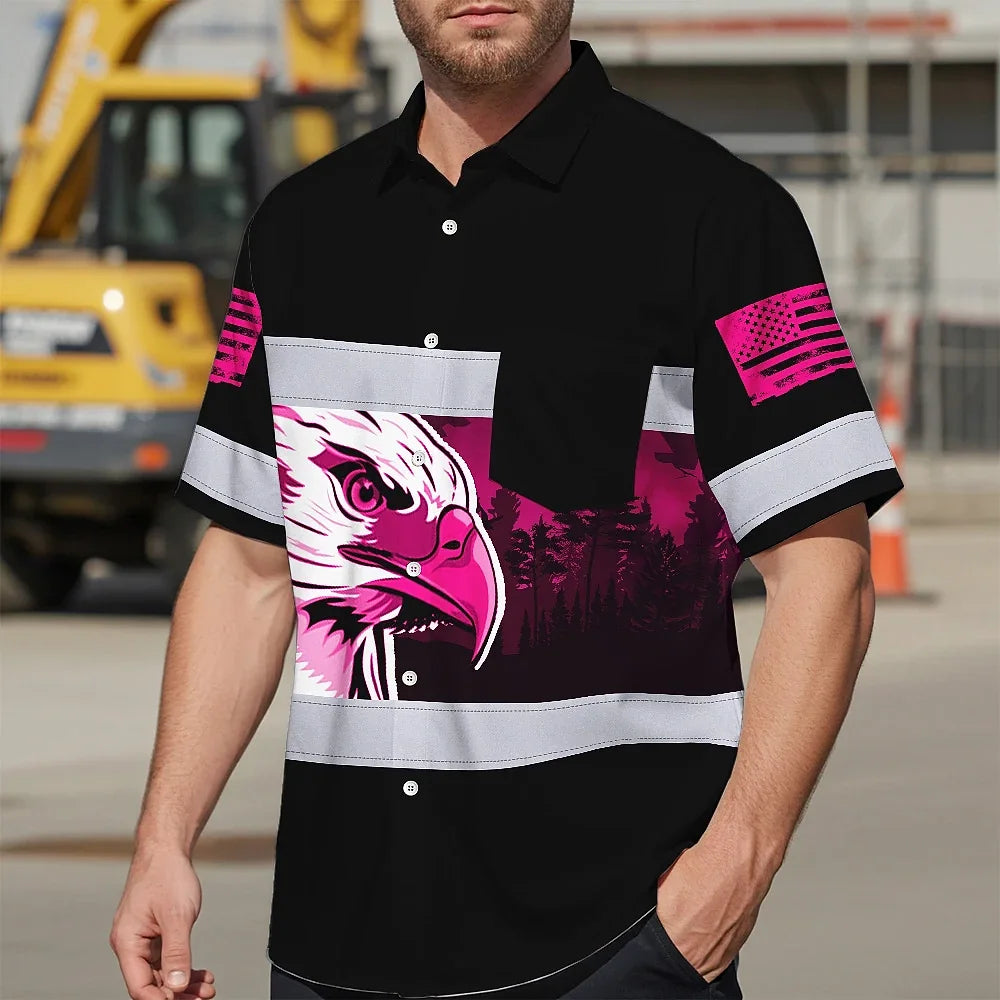 Hi Vis Hawaiian Shirt Reflective Pink Eagle USA Custom Name Safety Workwear