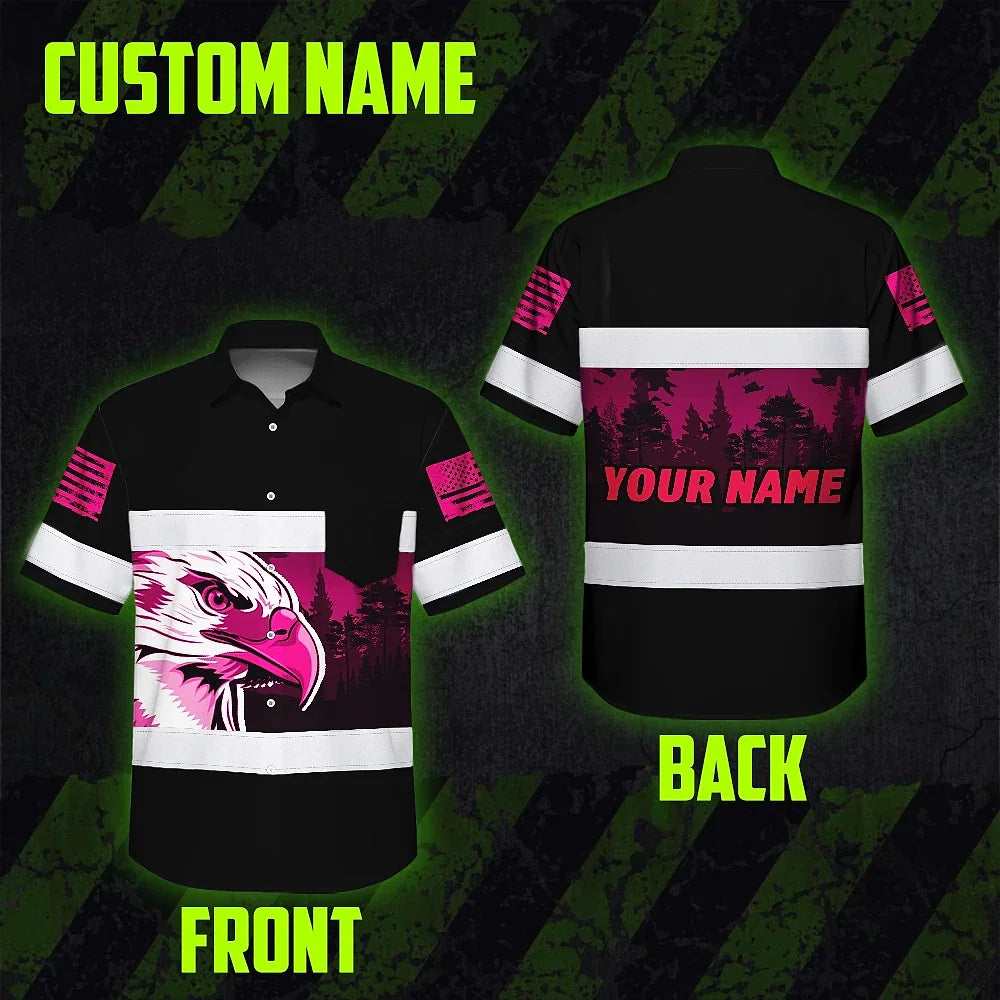 Hi Vis Hawaiian Shirt Reflective Pink Eagle USA Custom Name Safety Workwear
