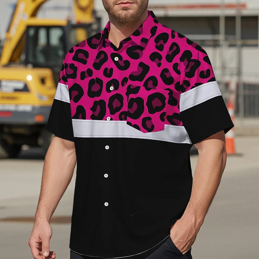 Hi Vis Hawaiian Shirt Reflective Pink Leopard Custom Name Safety Workwear For Workers, Truckers, Operators