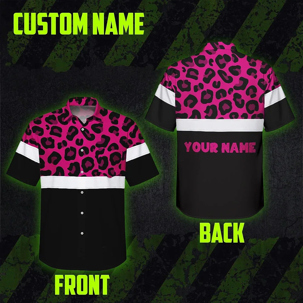 Hi Vis Hawaiian Shirt Reflective Pink Leopard Custom Name Safety Workwear For Workers, Truckers, Operators