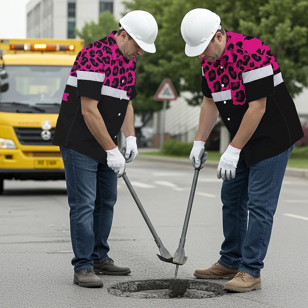 Hi Vis Hawaiian Shirt Reflective Pink Leopard Custom Name Safety Workwear For Workers, Truckers, Operators