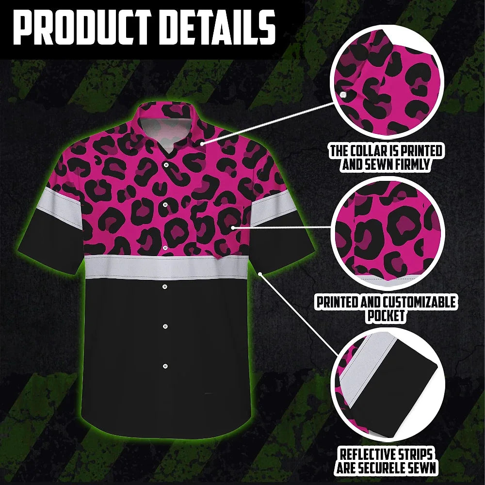 Hi Vis Hawaiian Shirt Reflective Pink Leopard Custom Name Safety Workwear For Workers, Truckers, Operators