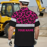 Hi Vis Hawaiian Shirt Reflective Pink Leopard Custom Name Safety Workwear For Workers, Truckers, Operators