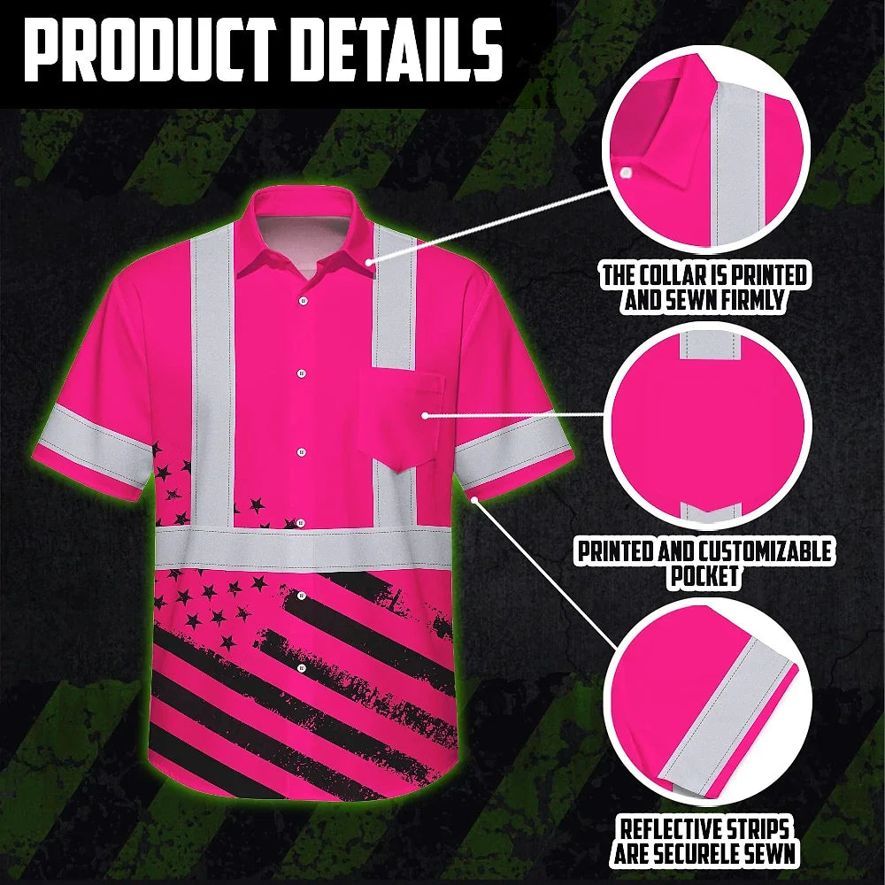 Hi Vis Hawaiian Shirt Reflective Pink Neon USA Flag Custom Name Safety