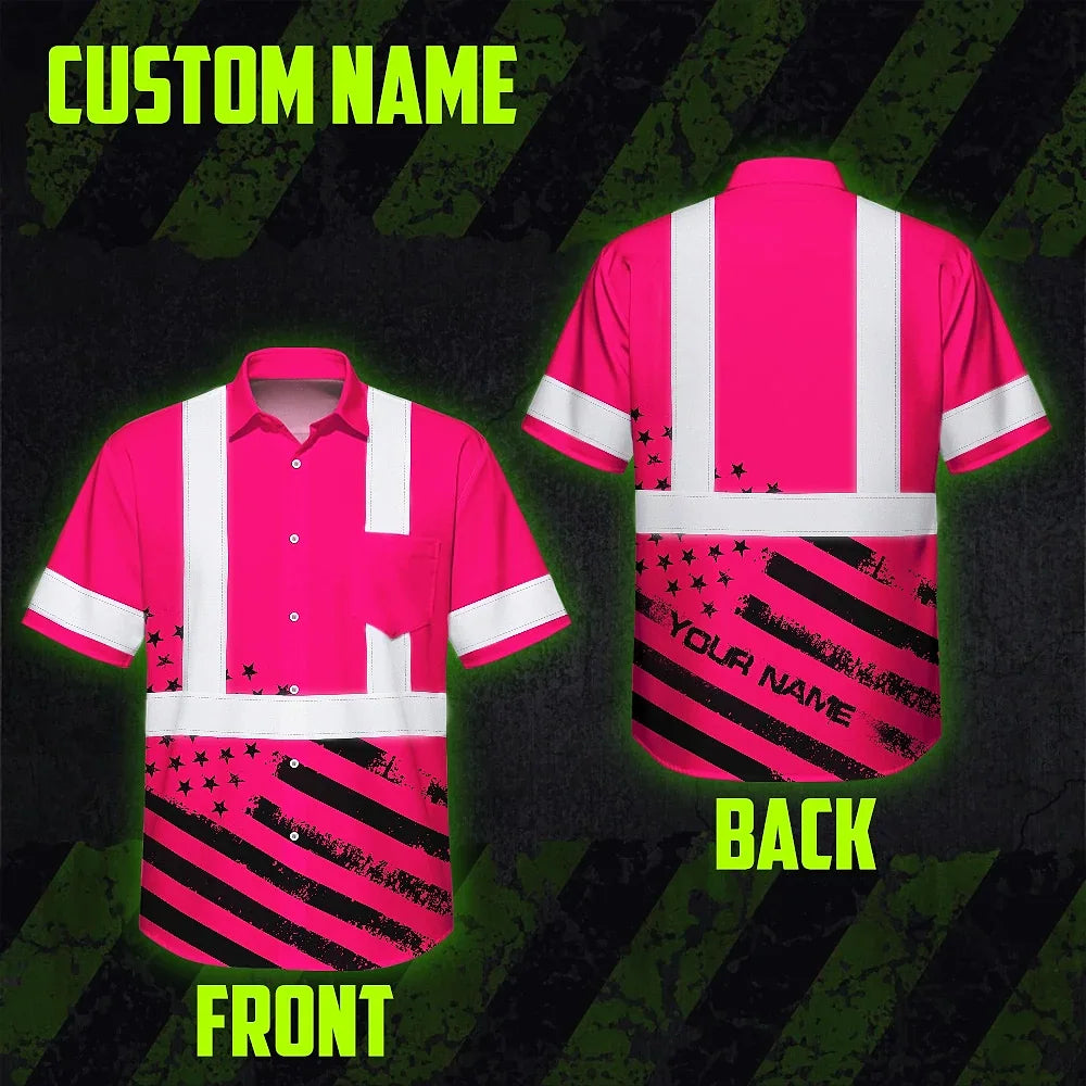 Hi Vis Hawaiian Shirt Reflective Pink Neon USA Flag Custom Name Safety