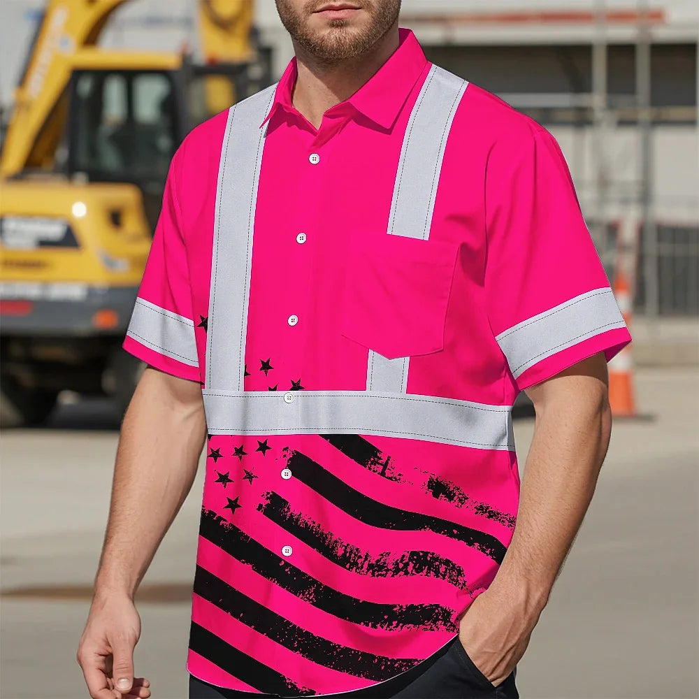 Hi Vis Hawaiian Shirt Reflective Pink Neon USA Flag Custom Name Safety
