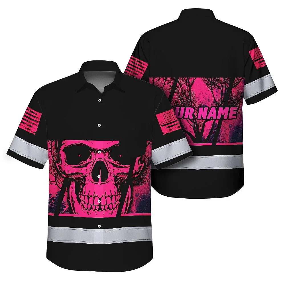 Hi Vis Hawaiian Shirt Reflective Pink Skull Custom Name Safety Workwear