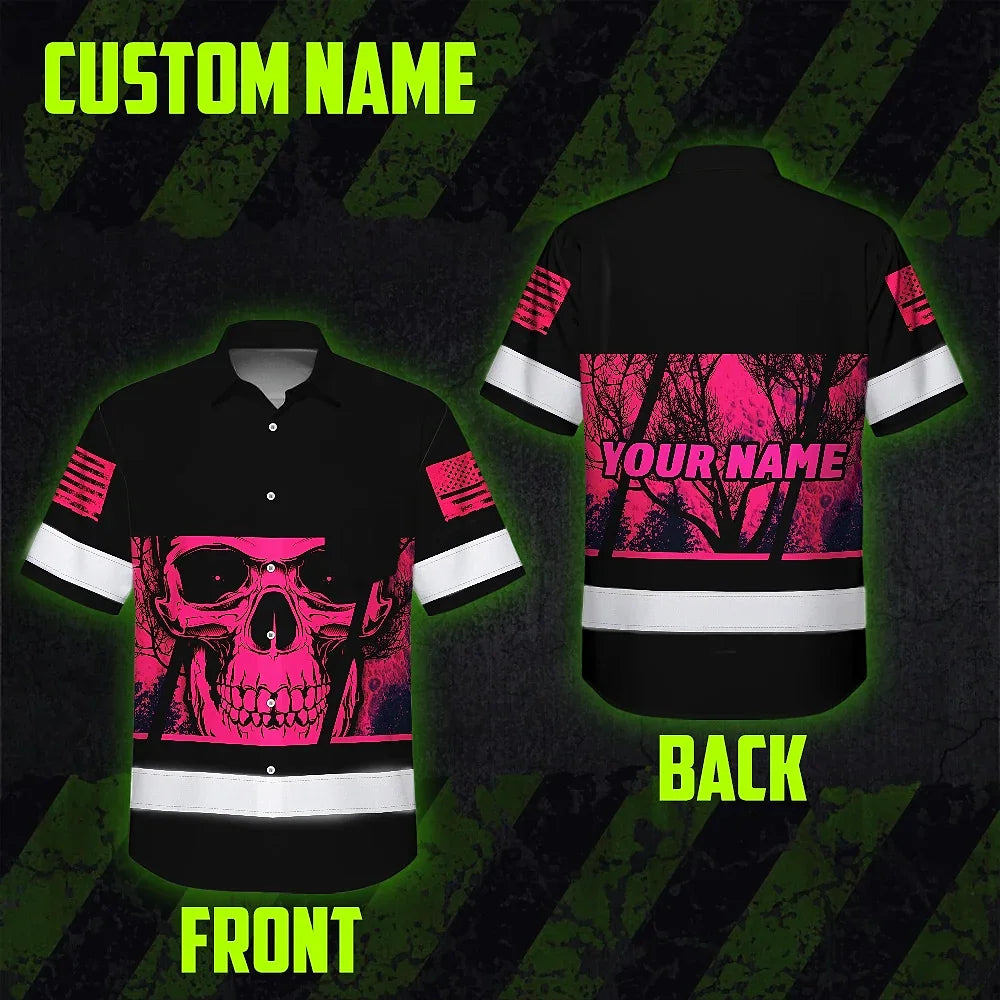 Hi Vis Hawaiian Shirt Reflective Pink Skull Custom Name Safety Workwear