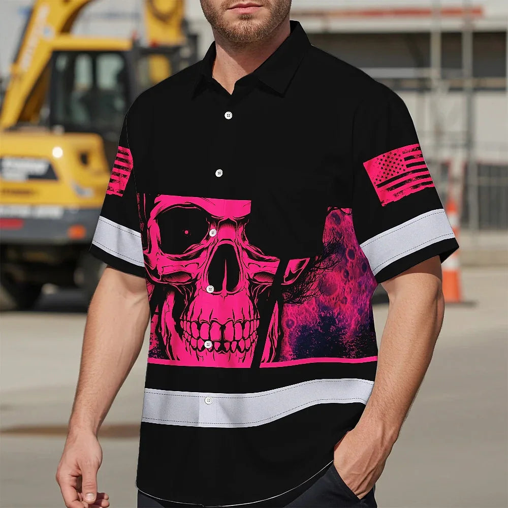 Hi Vis Hawaiian Shirt Reflective Pink Skull Custom Name Safety Workwear