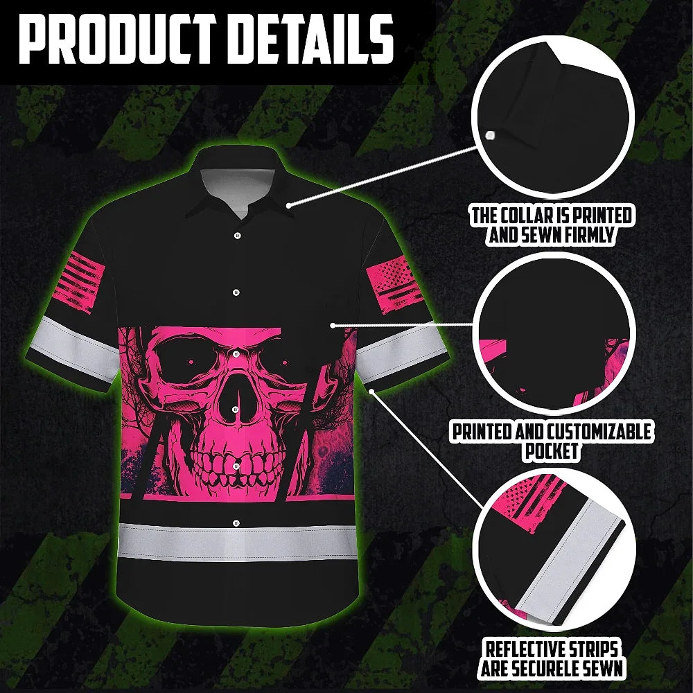 Hi Vis Hawaiian Shirt Reflective Pink Skull Custom Name Safety Workwear