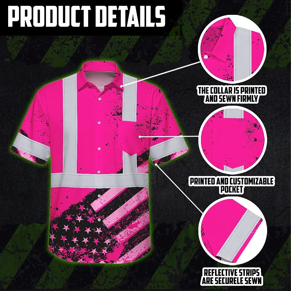 Hi Vis Hawaiian Shirt  Reflective Pink US Flag Paint Safety Workwear