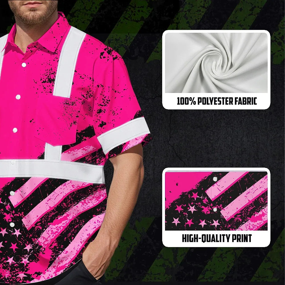 Hi Vis Hawaiian Shirt  Reflective Pink US Flag Paint Safety Workwear