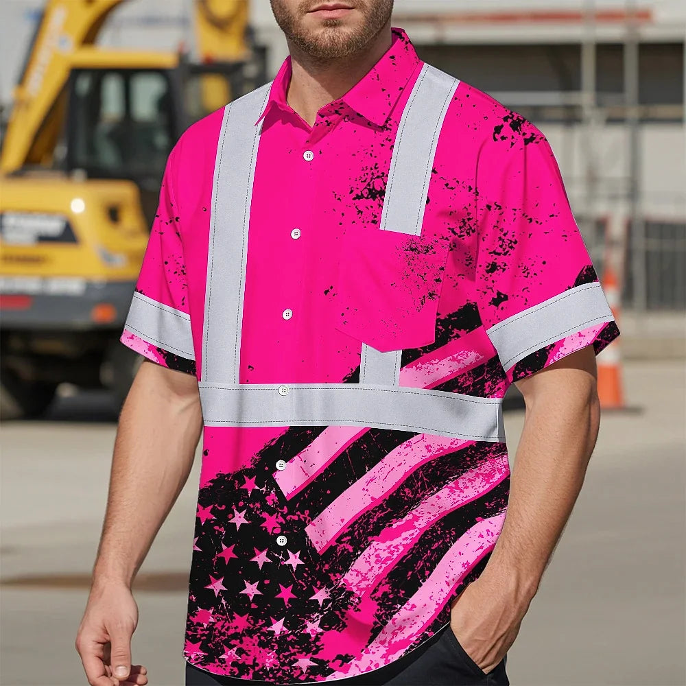 Hi Vis Hawaiian Shirt  Reflective Pink US Flag Paint Safety Workwear