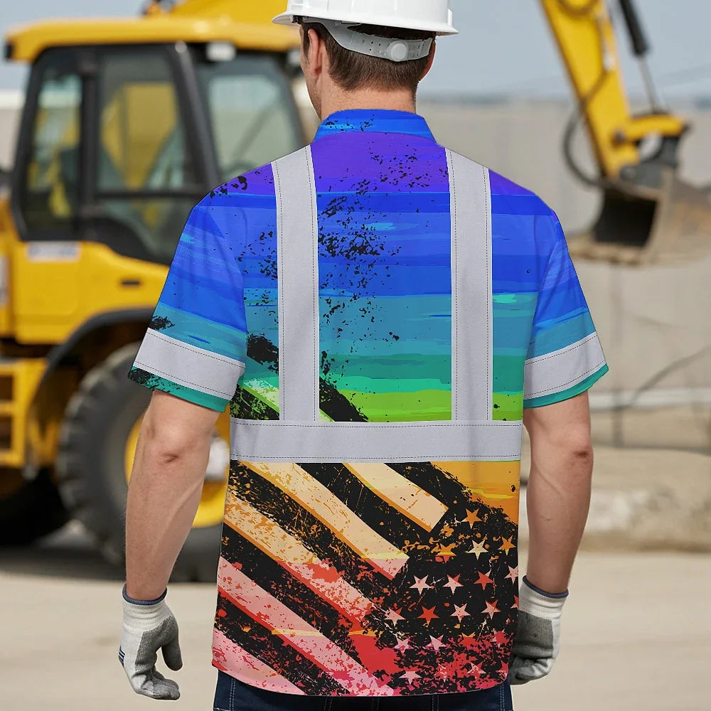 Hi Vis Hawaiian Shirt Reflective Rainbow US Flag Paint Safety Workwear For Worker, Motorcycle Bicycle, Runner
