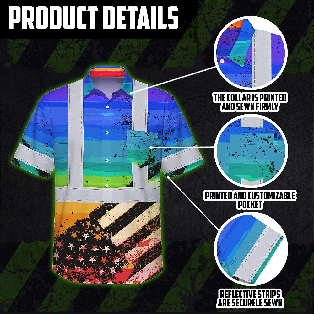 Hi Vis Hawaiian Shirt Reflective Rainbow US Flag Paint Safety Workwear For Worker, Motorcycle Bicycle, Runner