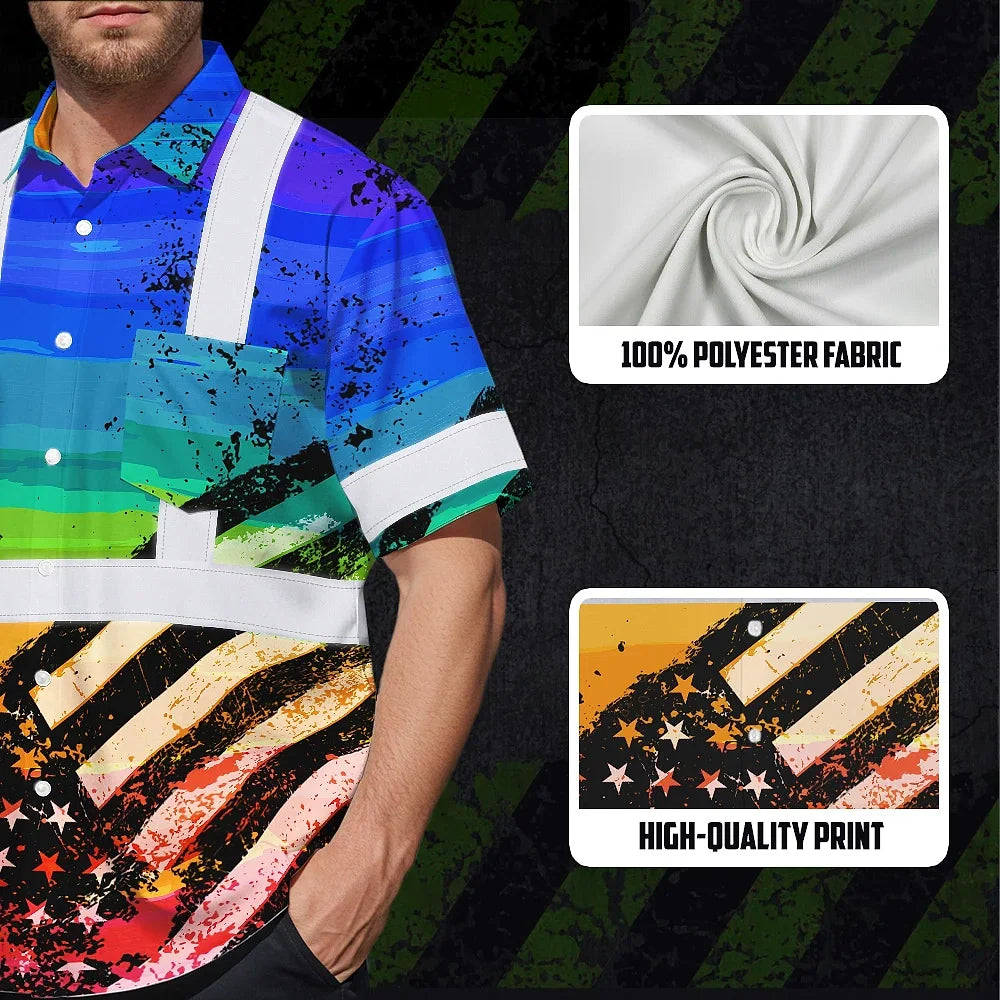 Hi Vis Hawaiian Shirt Reflective Rainbow US Flag Paint Safety Workwear For Worker, Motorcycle Bicycle, Runner