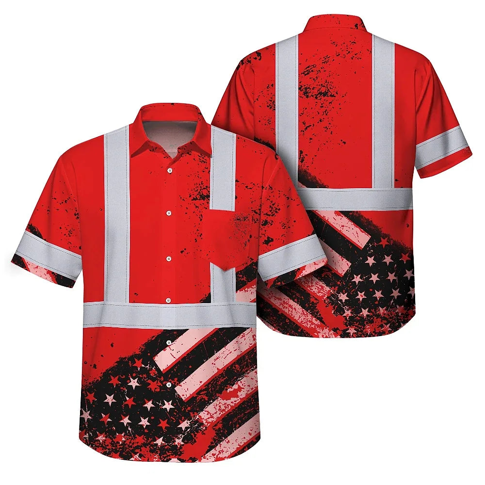Hi Vis Hawaiian Shirt Reflective Red US Flag Paint Safety Workwear