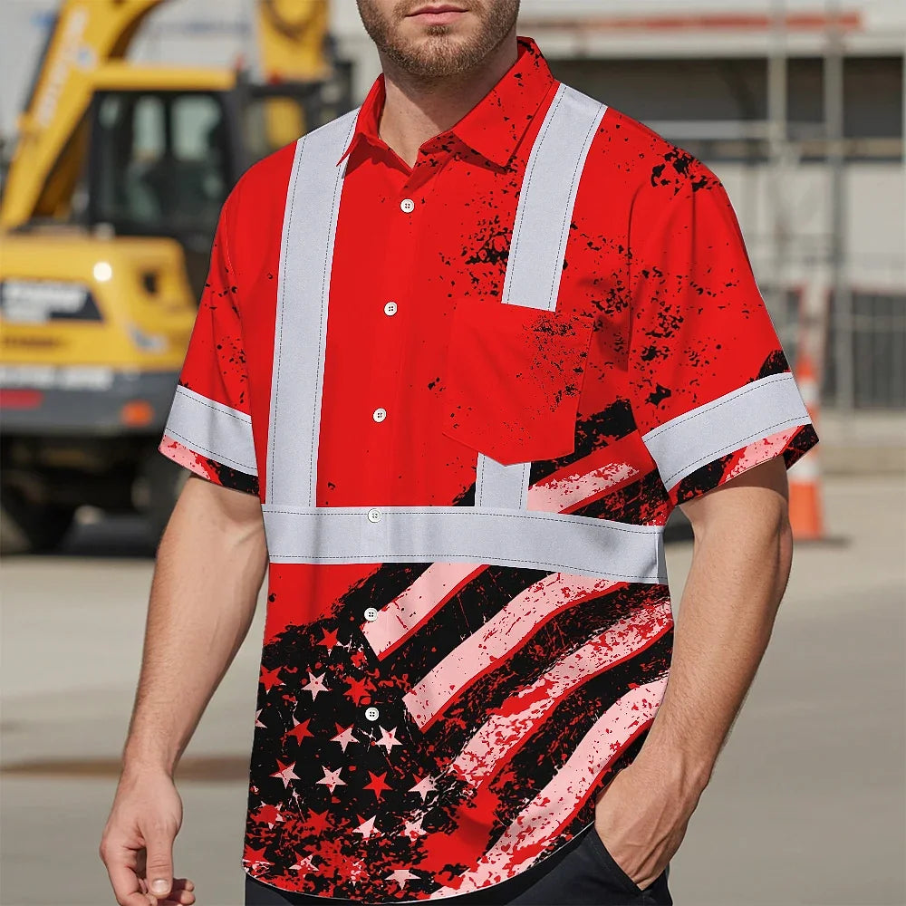 Hi Vis Hawaiian Shirt Reflective Red US Flag Paint Safety Workwear