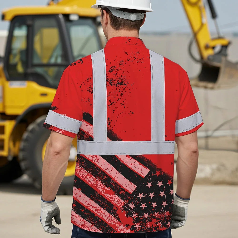 Hi Vis Hawaiian Shirt Reflective Red US Flag Paint Safety Workwear