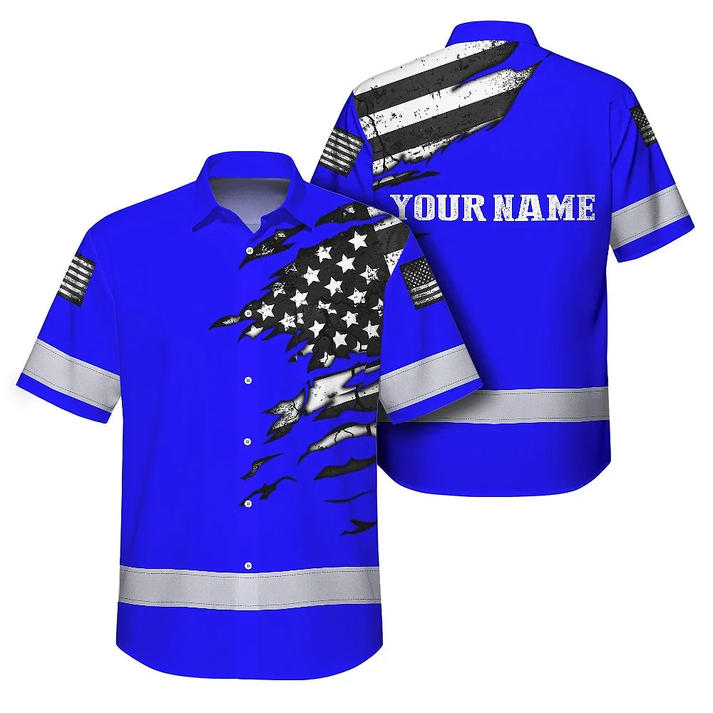 Hi Vis Hawaiian Shirt Reflective Scratch Blue Neon US Flag Custom Name