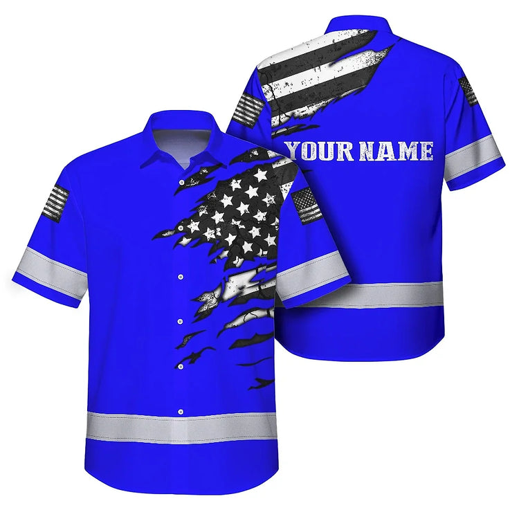 Scratch Blue Neon US Flag Hi-Vis Hawaiian Shirt