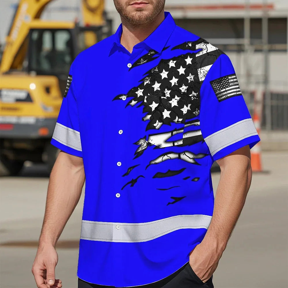 Hi Vis Hawaiian Shirt Reflective Scratch Blue Neon US Flag Custom Name