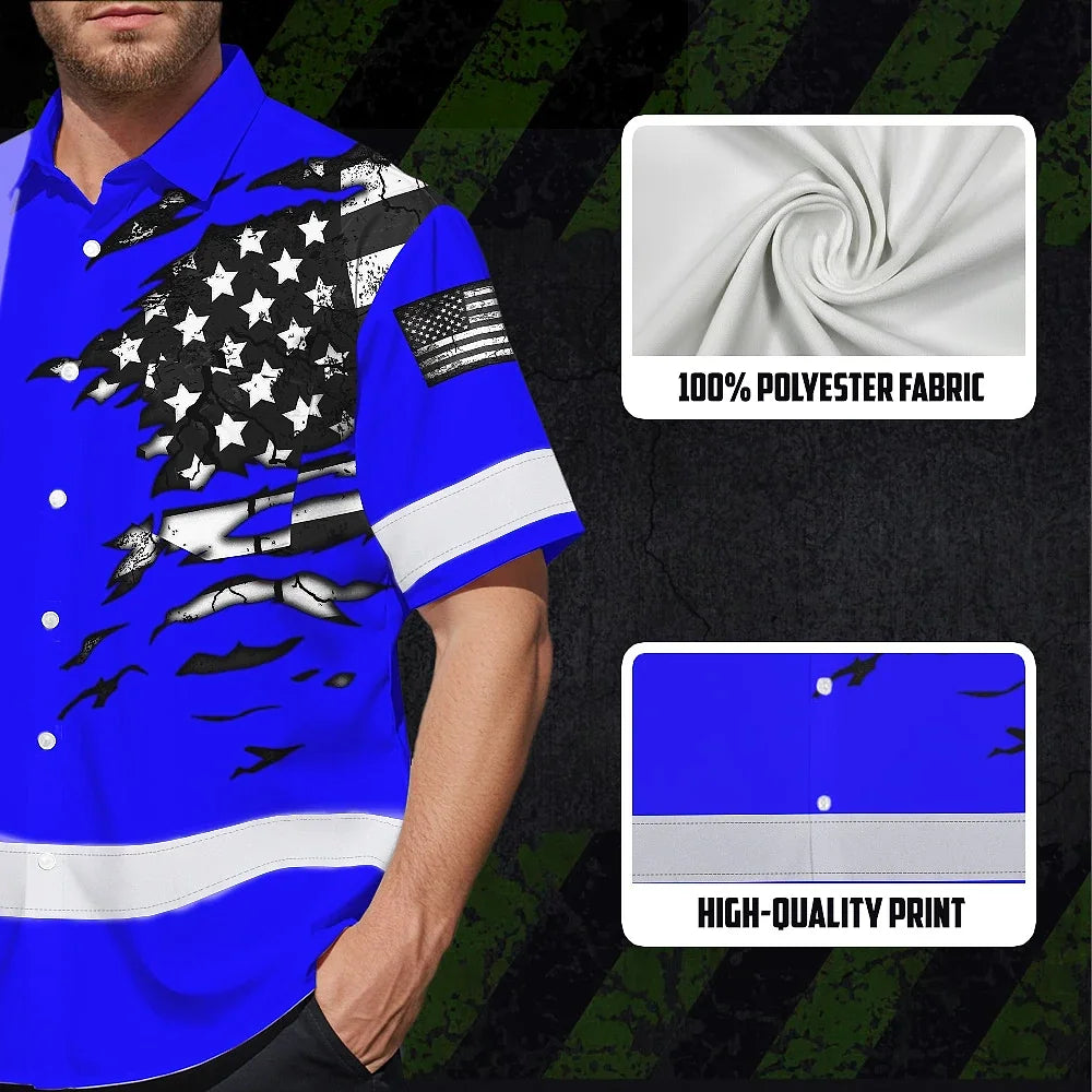Hi Vis Hawaiian Shirt Reflective Scratch Blue Neon US Flag Custom Name