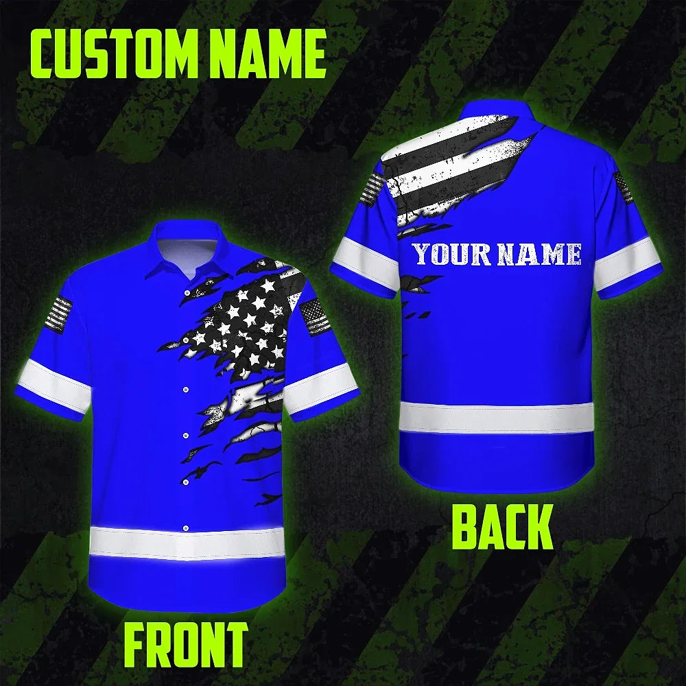 Hi Vis Hawaiian Shirt Reflective Scratch Blue Neon US Flag Custom Name