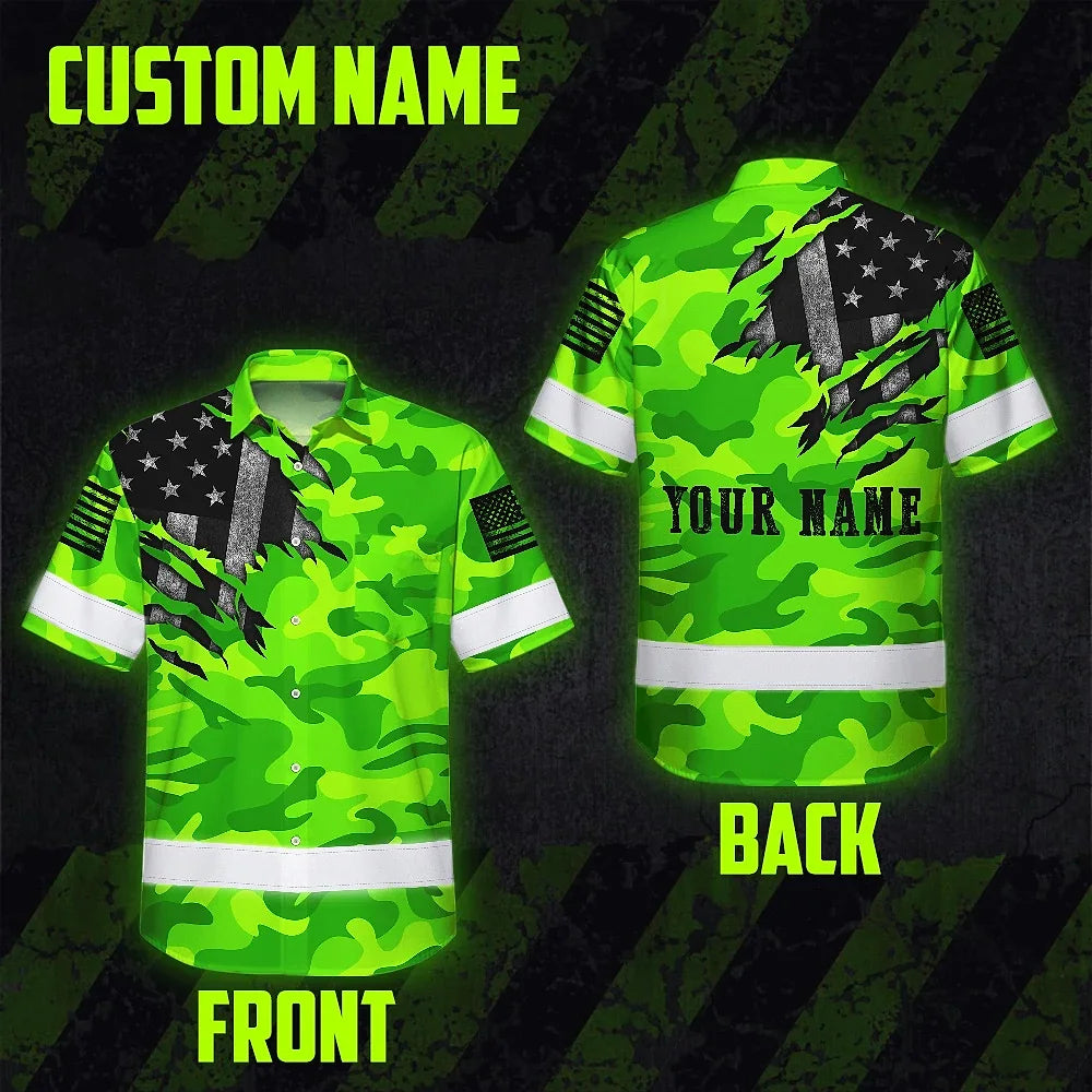 Hi Vis Hawaiian Shirt Reflective Scratch Camo Green Neon US Flag Safety Workwear