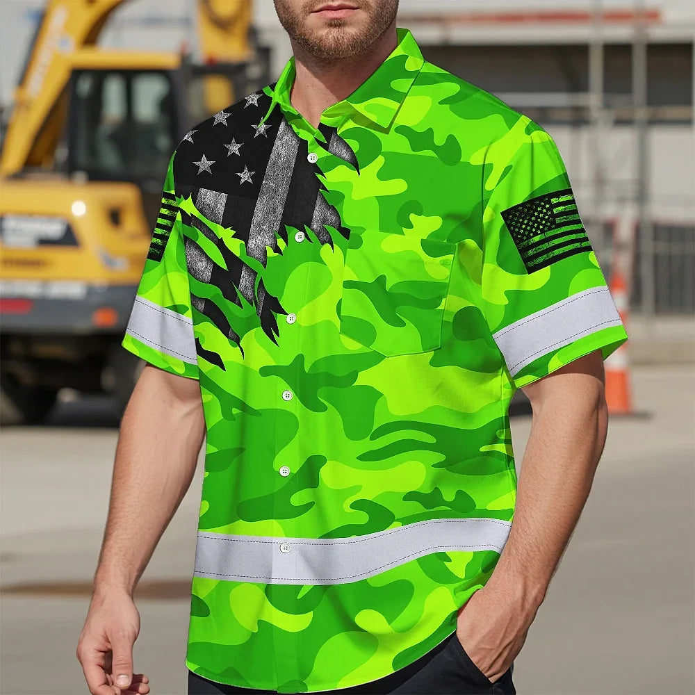 Hi Vis Hawaiian Shirt Reflective Scratch Camo Green Neon US Flag Safety Workwear